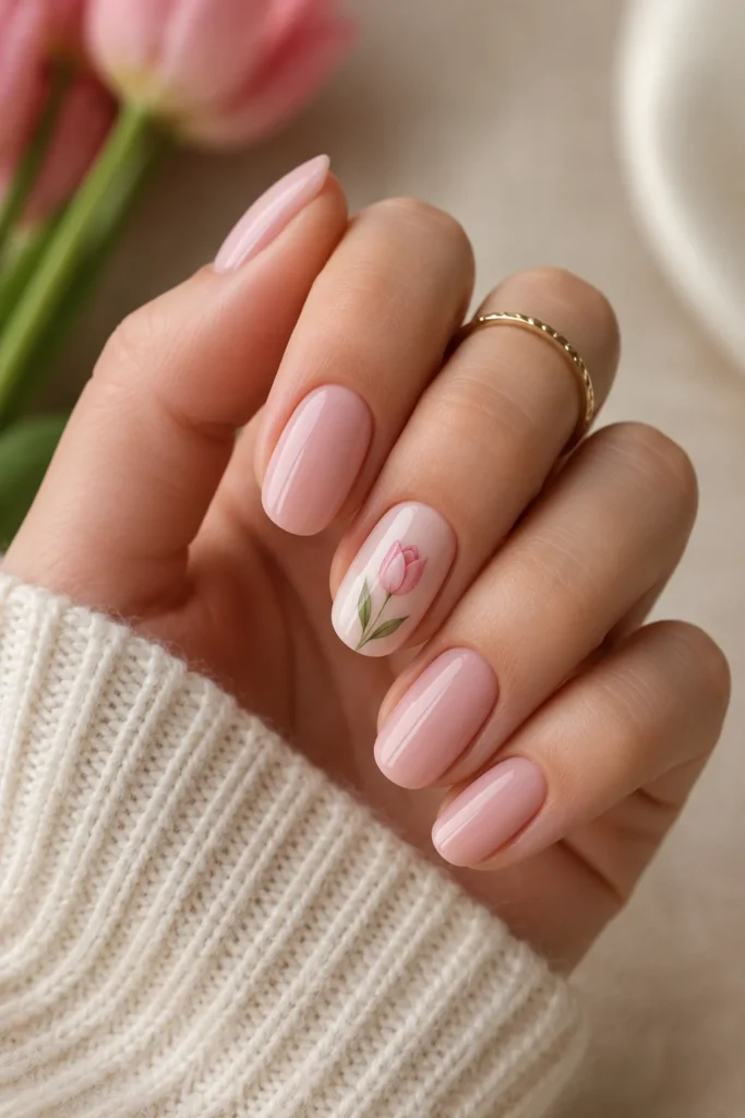 Tulip accent nails with detailed floral art on one or two fingers
