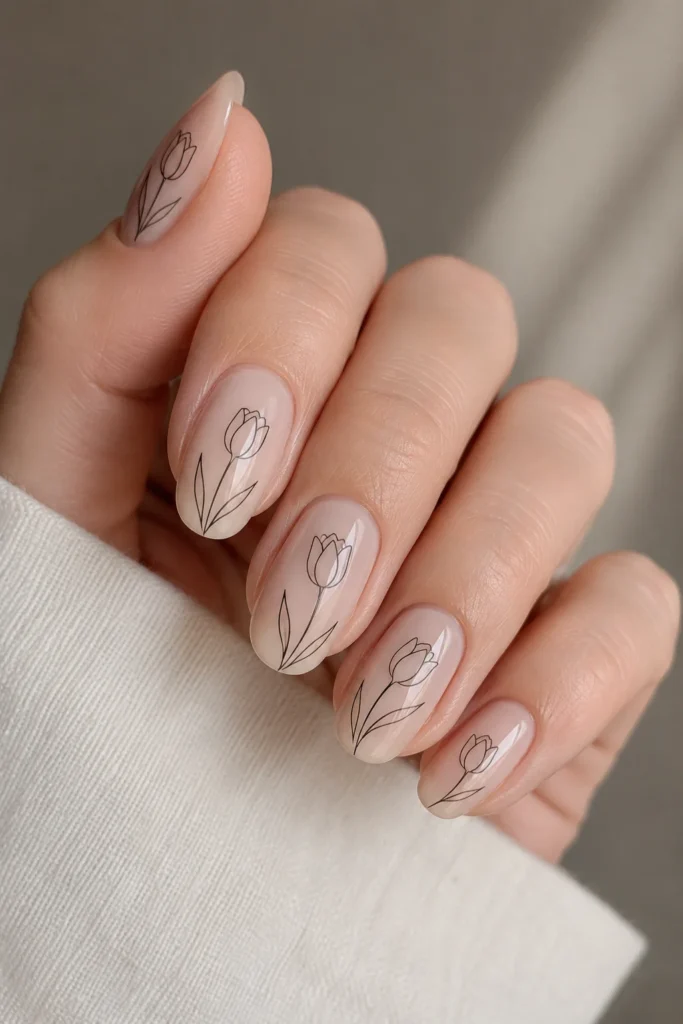 Tulip line art nails with minimal sketched floral outlines on clean base