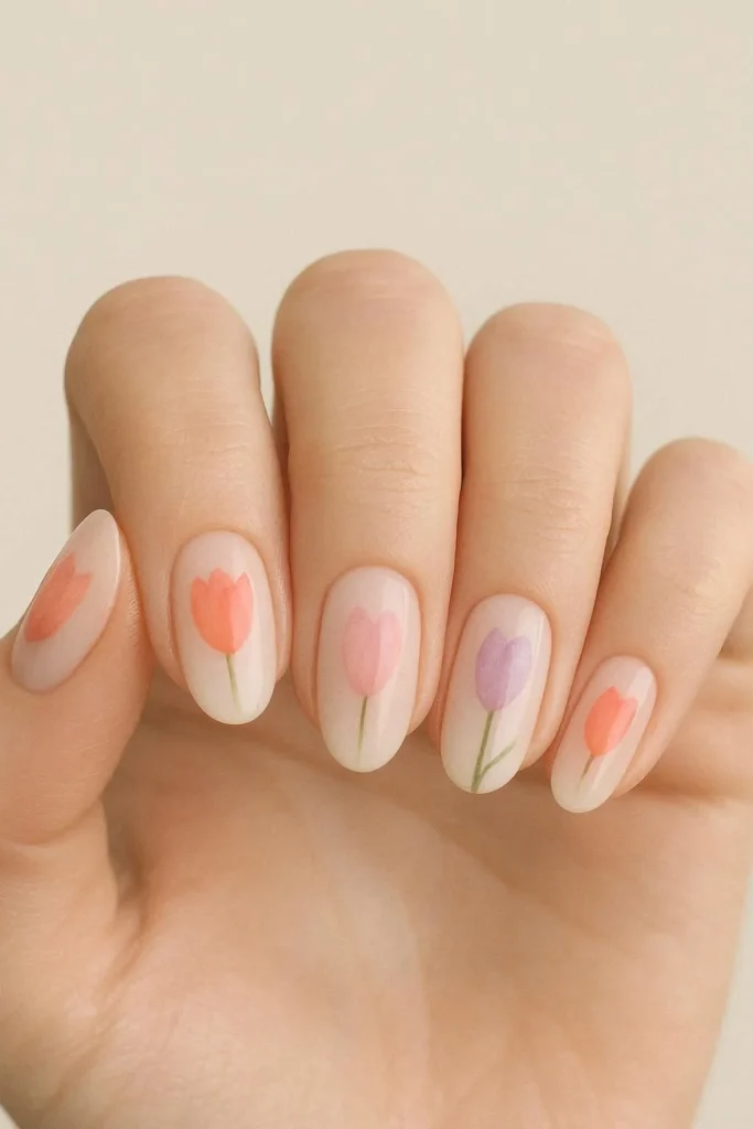 Delicate tulip nail art blooming pastel spring design
