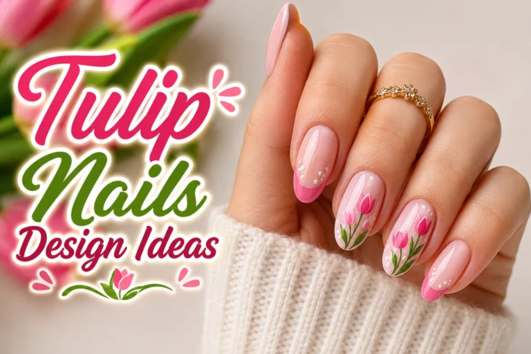 Elegant pink tulip nail art design on almond-shaped nails with stylish