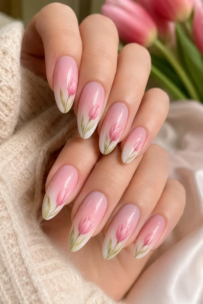 Tulip ombre nails with soft gradient base and delicate floral accents 