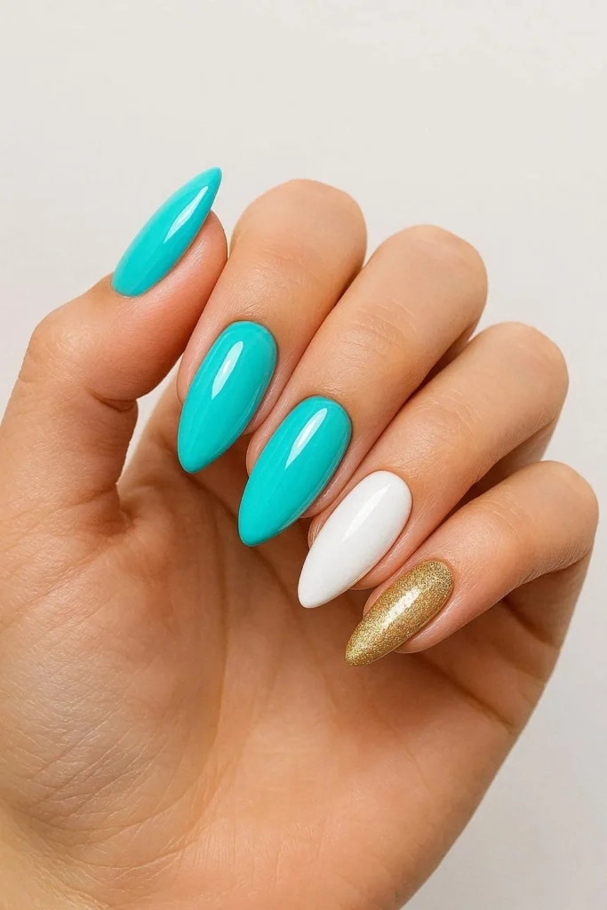 Turquoise almond nails in fresh coastal blue green shades