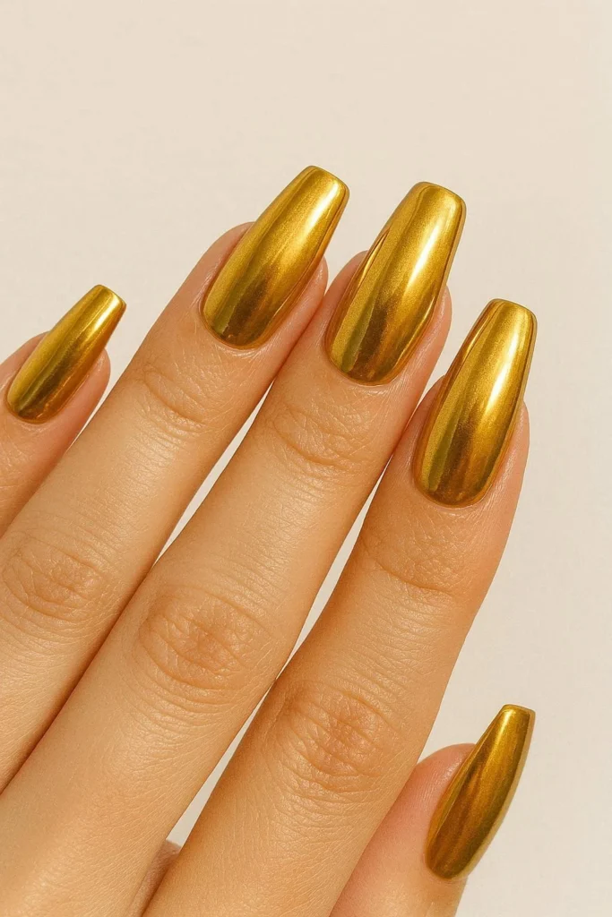 Tuscan gold chrome nails Y2K warm antique shimmer finish