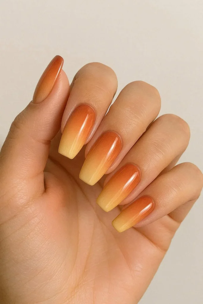 Tuscany sunset ombre nails warm gradient terracotta peach gold