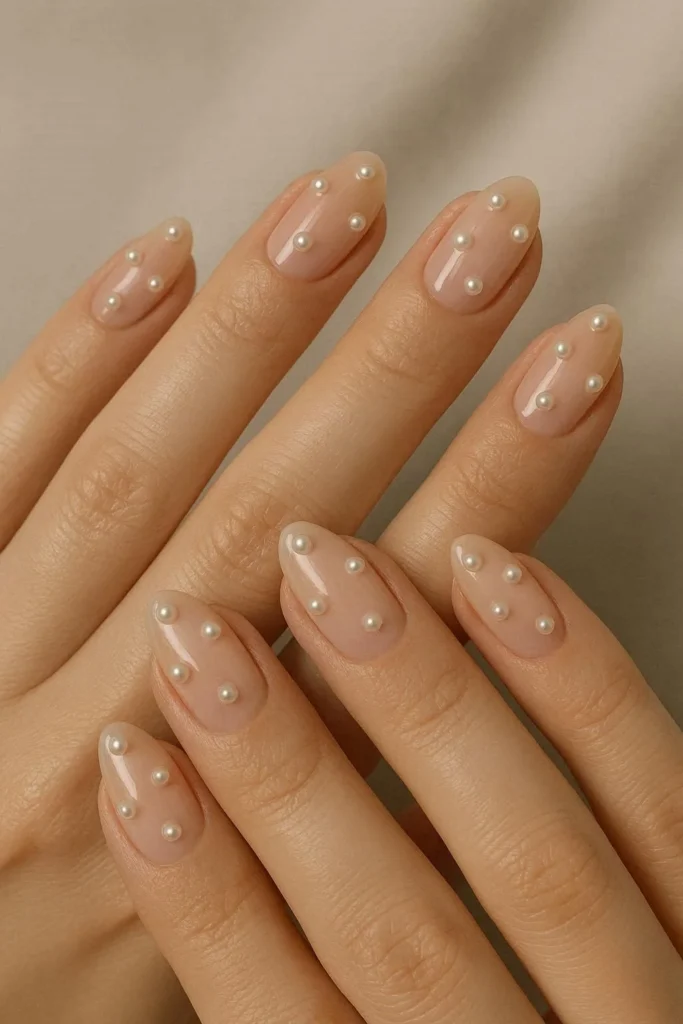 Nude engagement nails with delicate pearl gem accents 
