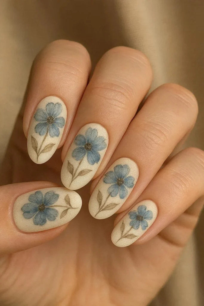 Vintage style faded blue floral nail design on white 