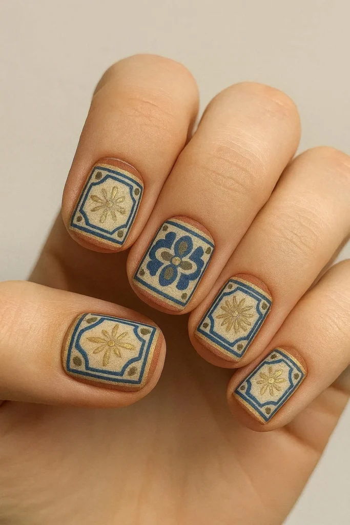 Vintage Italian tile nails majolica inspired earthy nail art 