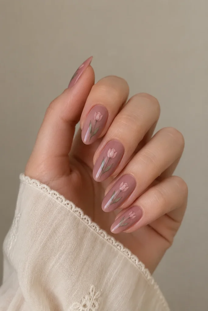 Vintage tulip nails with muted dusty rose and faded floral aesthetic