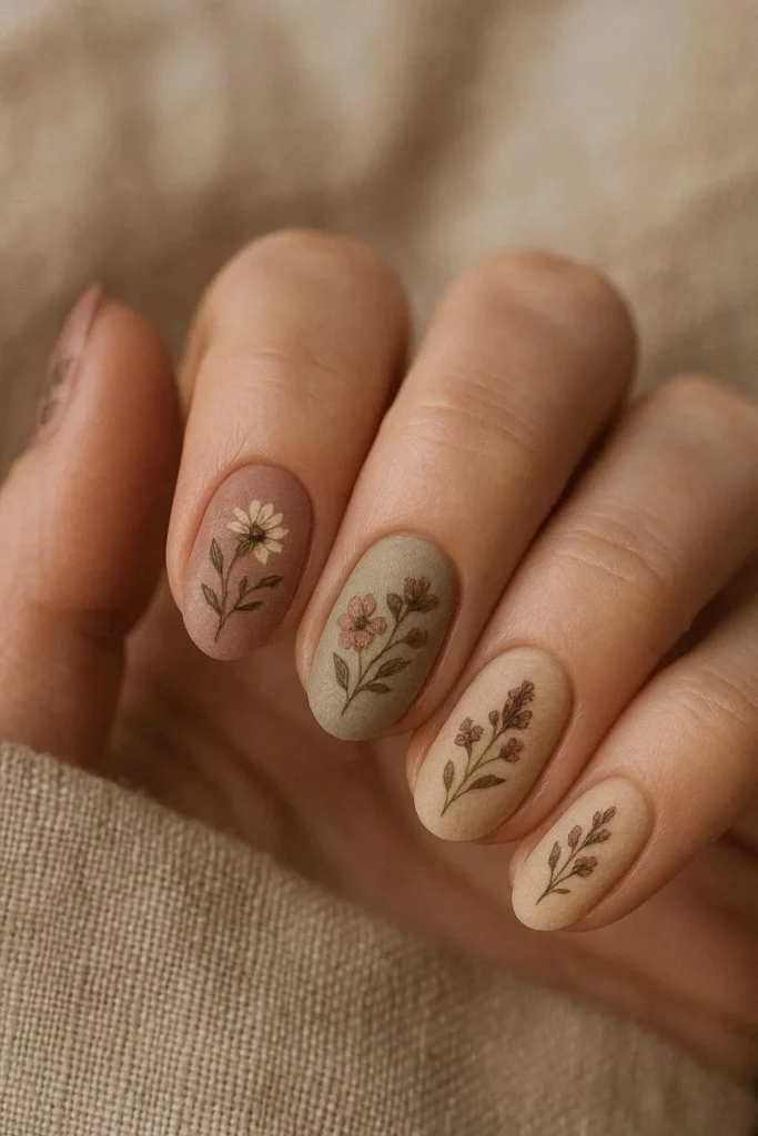 Vintage wildflower nails in muted dusty tones and florals