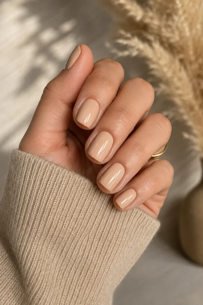 Warm beige minimalist square nails for elegant fall Thanksgiving style