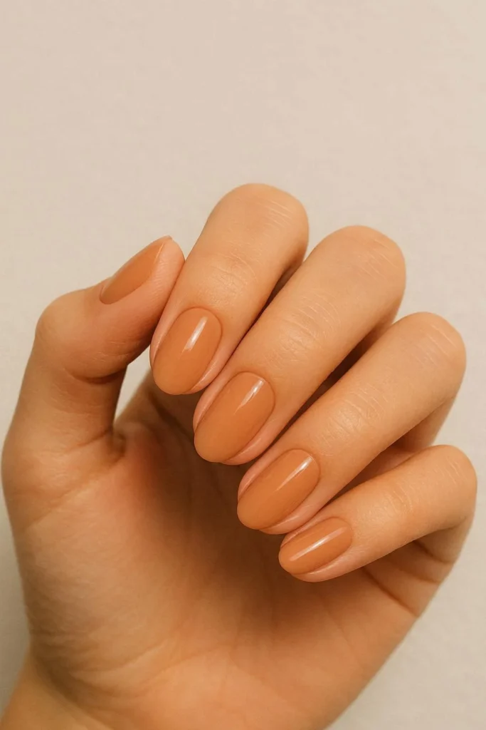 Warm sandstone minimal nails nude terracotta gloss simple elegant 