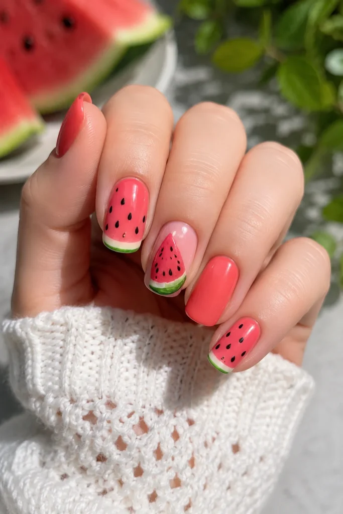 Watermelon inspired nails pink green seed detail summer 