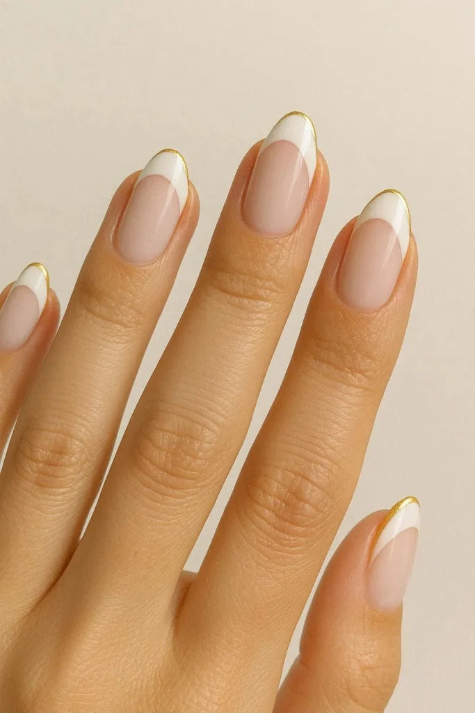 White and gold French tip elegant engagement nail design
