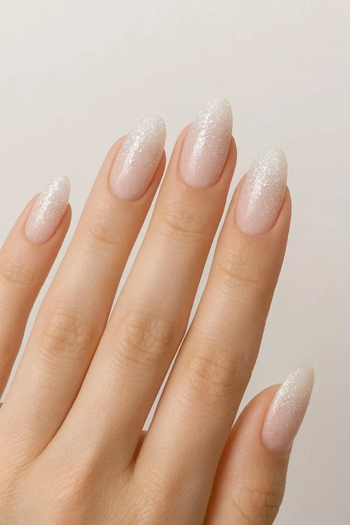 White glitter ombre nails with gradient sparkle winter effect 