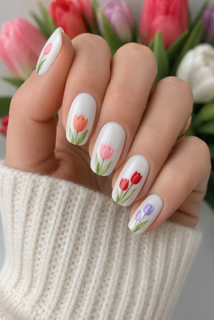 White tulip nails with colorful floral designs on a crisp white base 