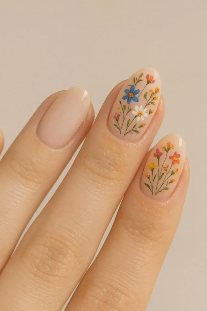 Wildflower accent nails with detailed floral design on nude 
