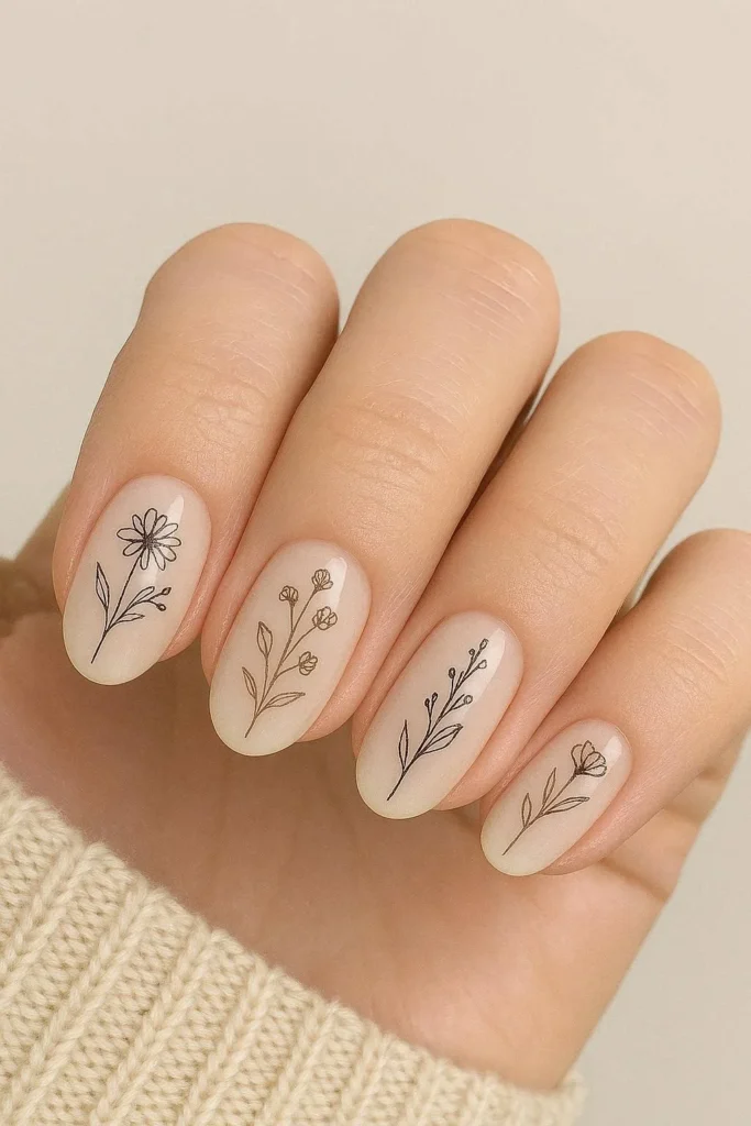 Wildflower line art nails with fine drawn floral designs
