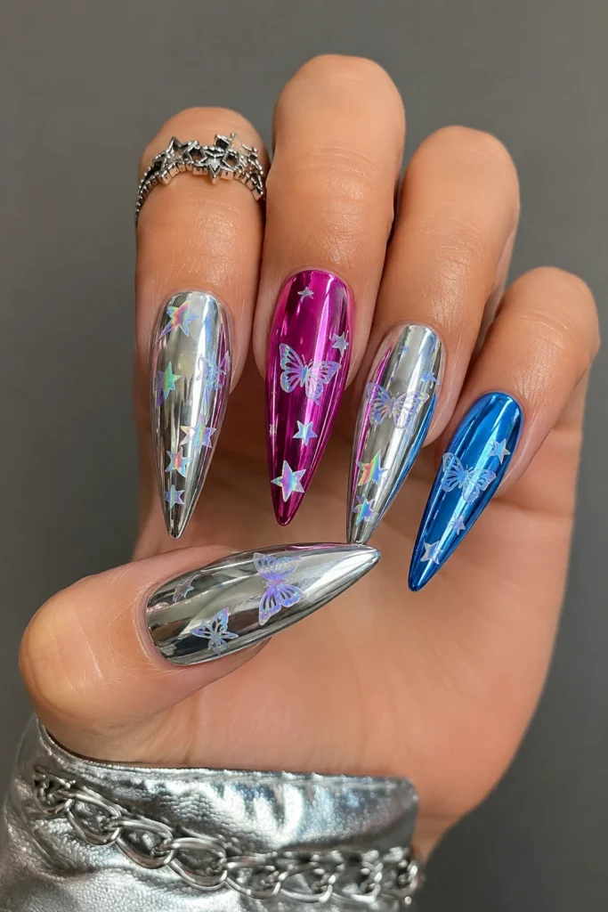 Y2K chrome funk nails in silver and holographic on stiletto shape 
