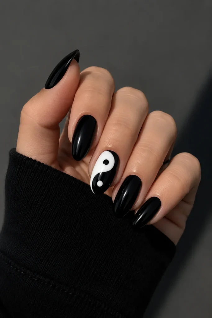 Yin yang Gemini nails with symbolic duality monochrome nail design 