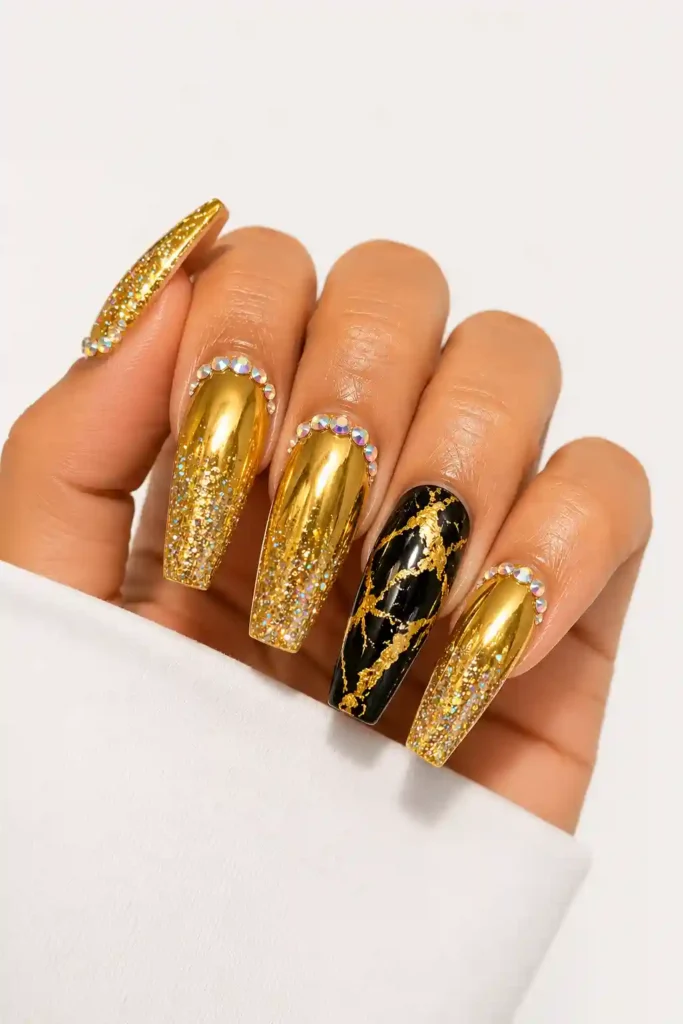 24K Magic statement nails gold chrome glitter rhinestone design