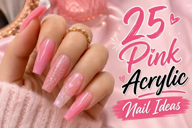 Glossy pink acrylic nails with feminine trendy designs