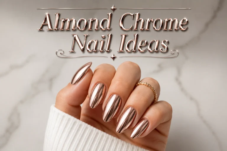 Elegant almond chrome nails with metallic rose gold shine