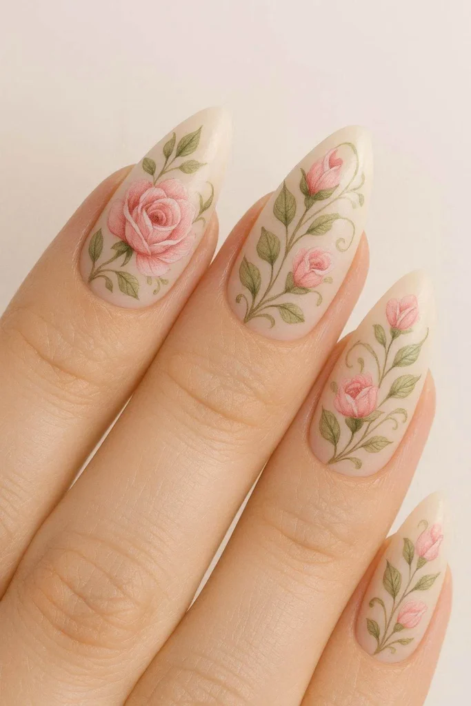 Almond floral nails with detailed rose and petal artwork 