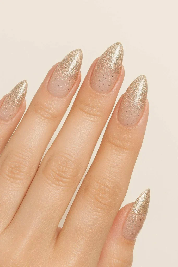 Almond glitter ombre nails with elegant shimmer fade