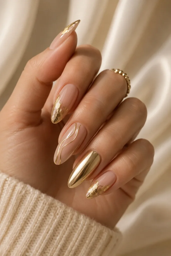 Almond-shaped nails with metallic gold shimmer accents