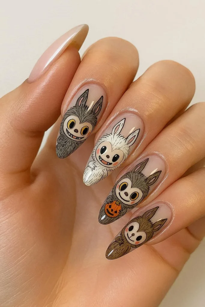 Almond shape Labubu nails with detailed character artwork 