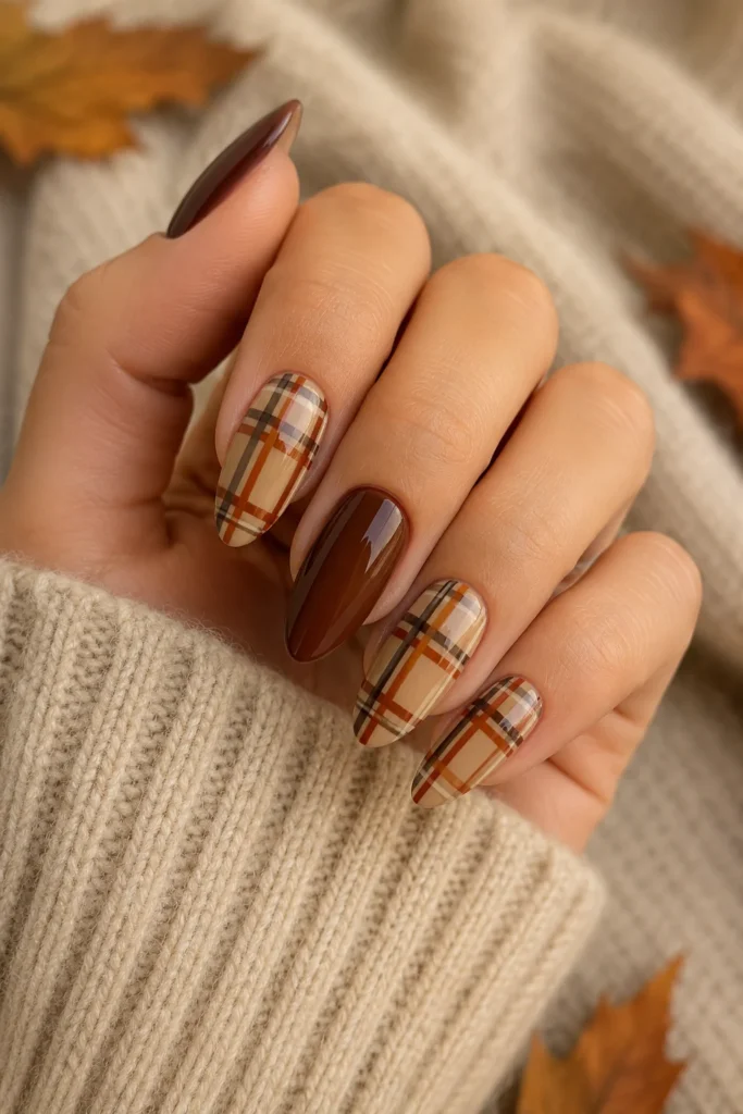 Elegant almond shaped plaid nails for fall manicure