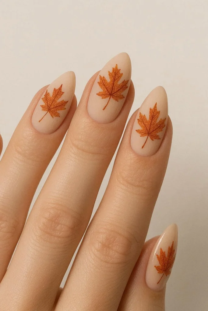 Almond shaped nails with elegant maple leaf artwork