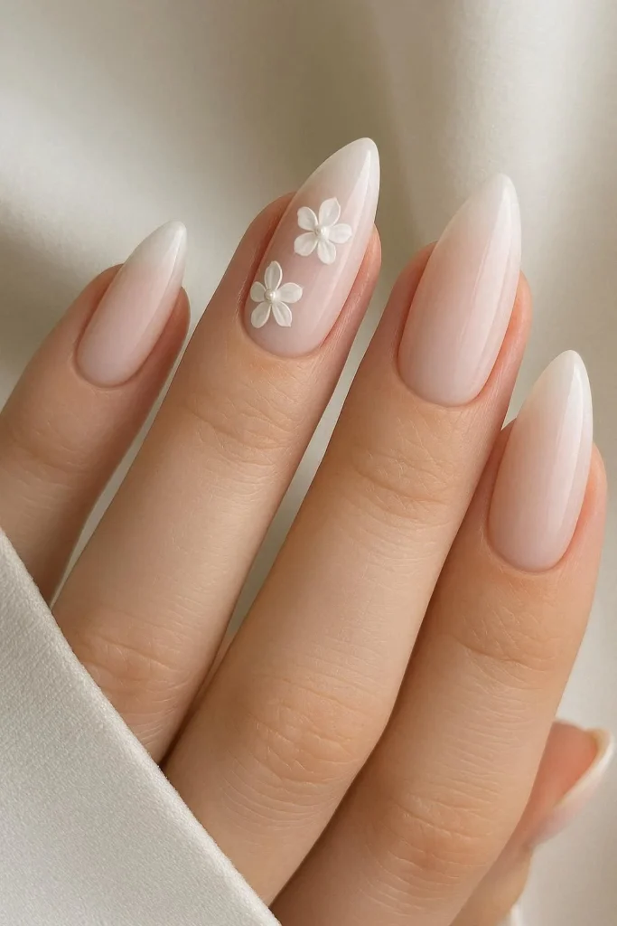 Almond shape pink and white elegant wedding nails