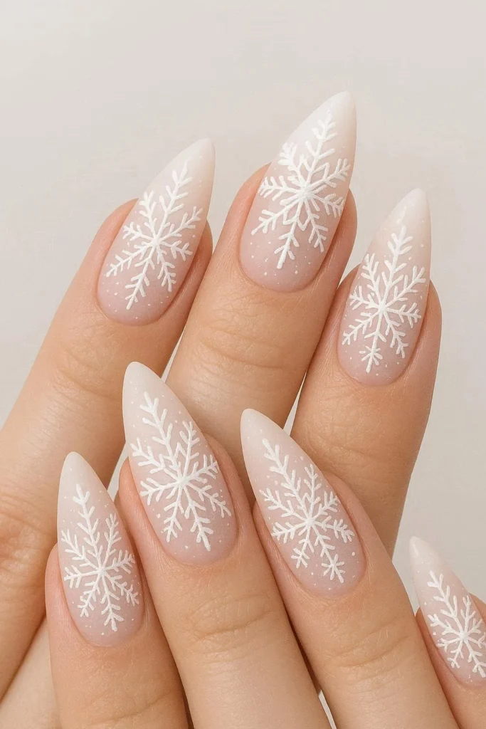 Almond shaped snowflake nail art elegant winter design