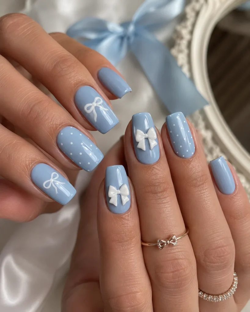 Baby blue nails with white bow accents coquette style