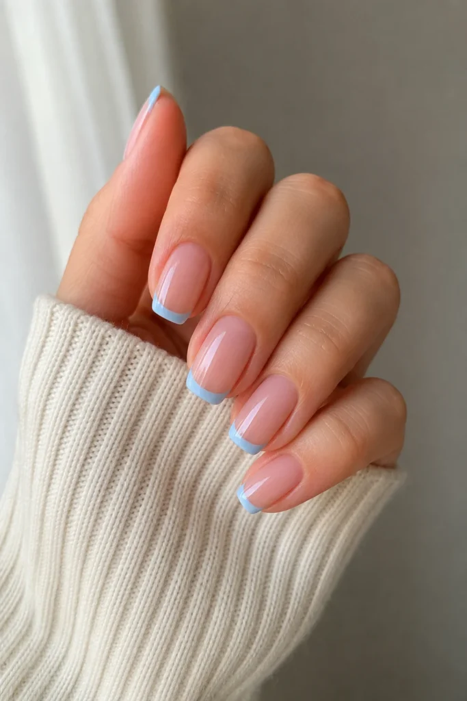 Elegant baby blue French tip nails with a cool-toned finish