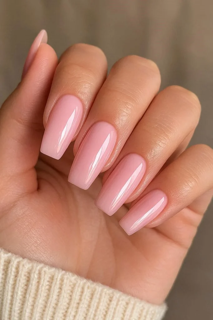 Baby pink glossy acrylic nails with soft feminine finish 