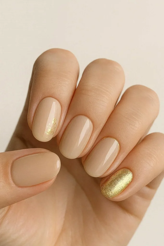 Beige and gold foil nails with minimal metallic accent design