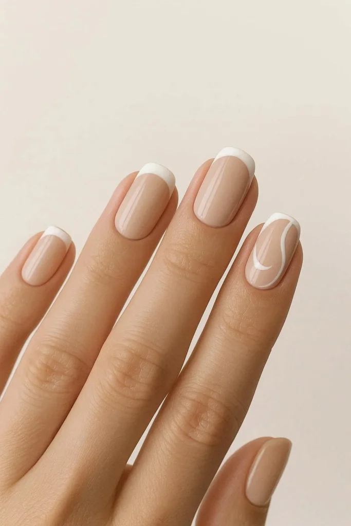 Beige and white nails with clean minimal accent design