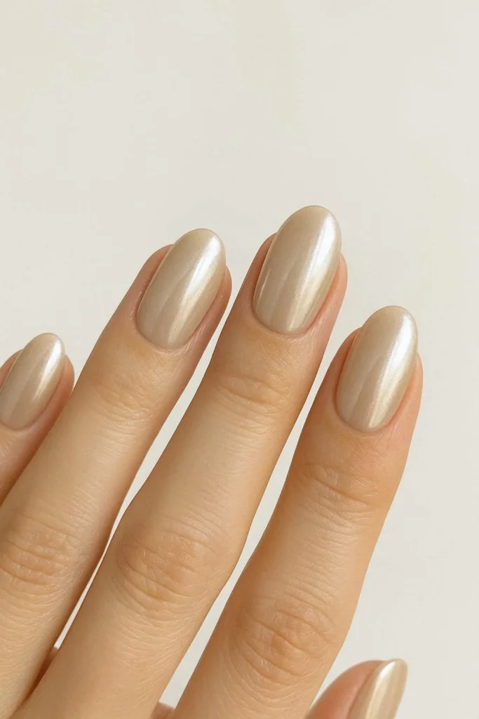 Beige chrome nails with subtle metallic shimmer over neutral base