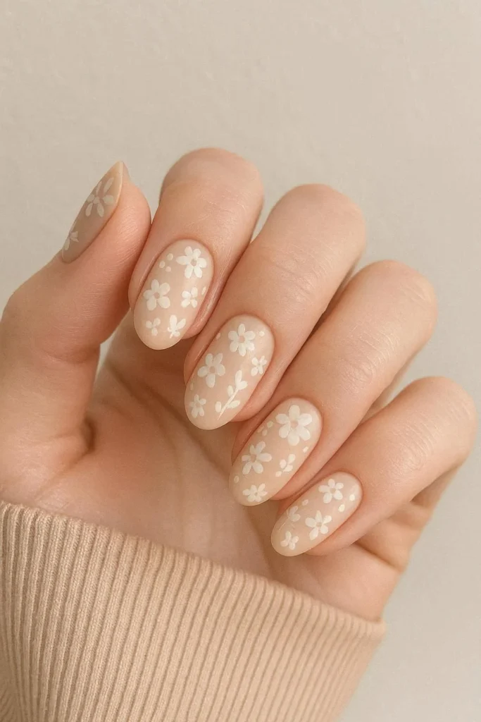 Beige floral nails with tiny hand painted ivory floral details