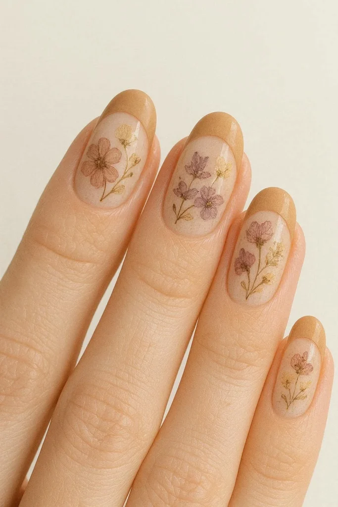 Beige French nails with dried pressed flower aesthetic art