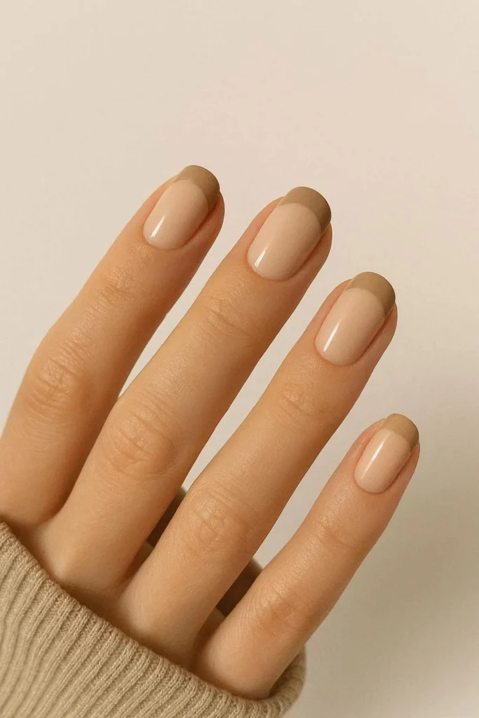 Beige French tip nails with modern minimalist neutral design
