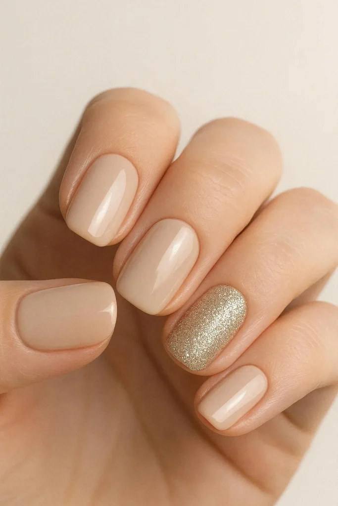 Beige glitter accent nails with champagne sparkle on neutral set