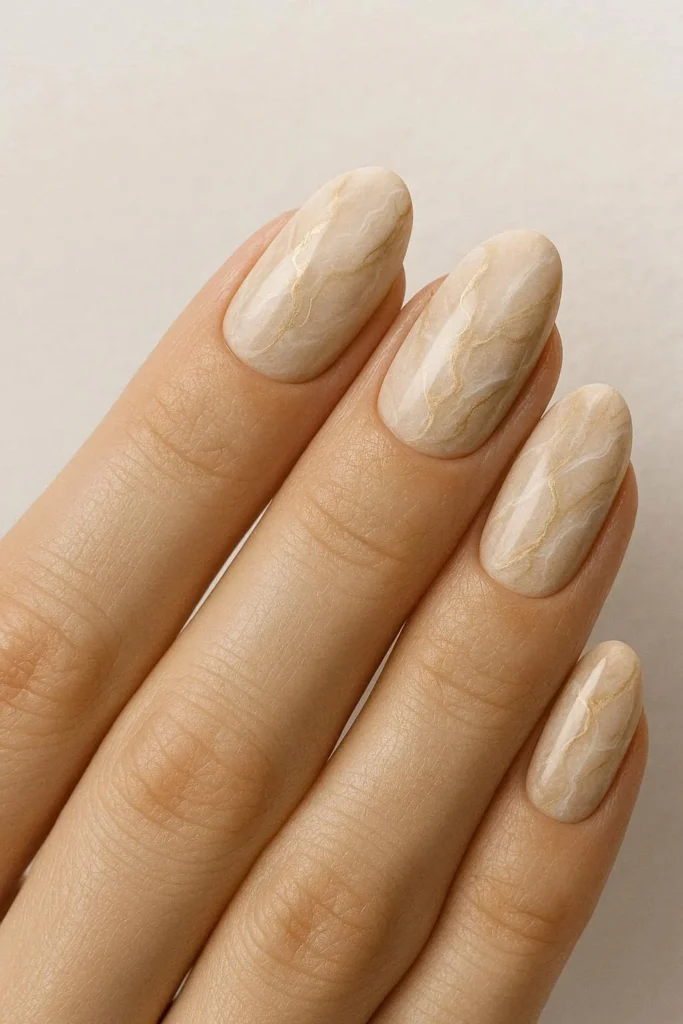 Beige marble nails with delicate veining on neutral luxury base