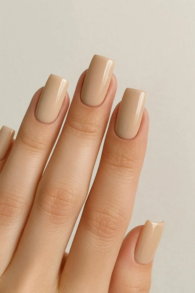 Beige square nails with clean architectural neutral polish finish