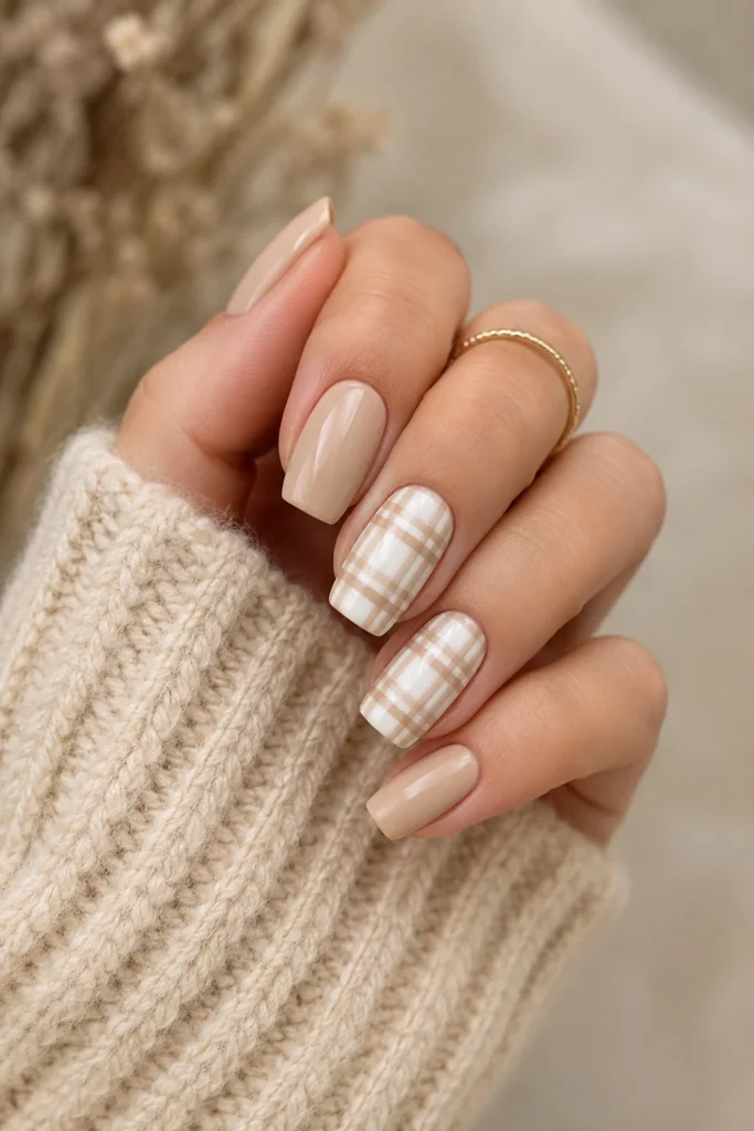 Elegant beige and white plaid nails for autumn