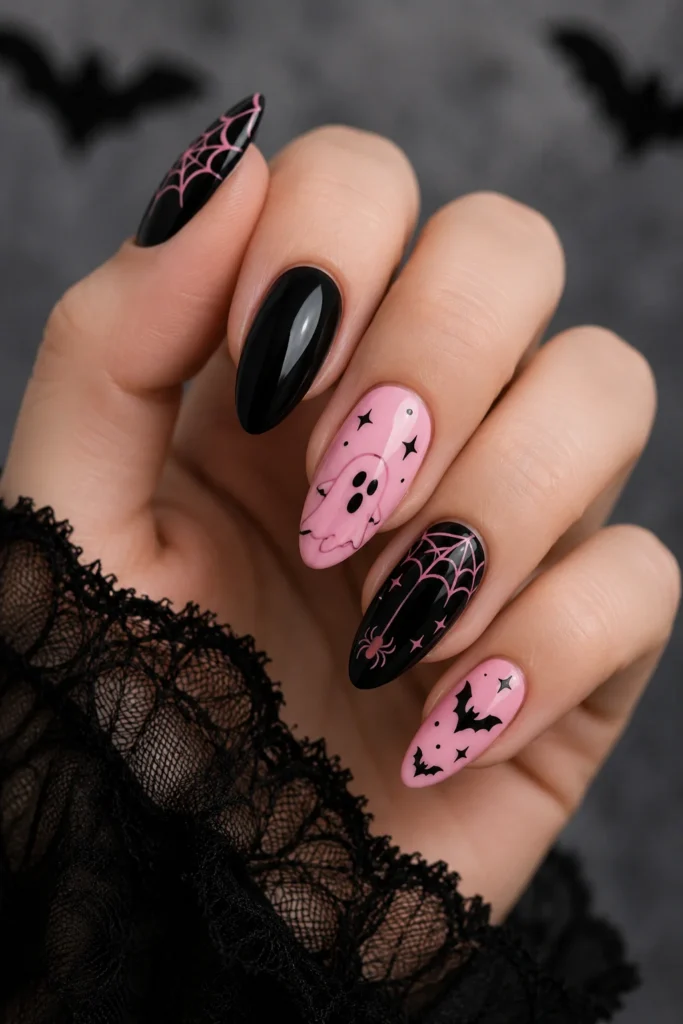 Black and pink Halloween nails with spider web and ghost art