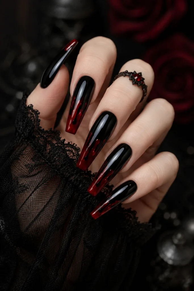 Black coffin nails with dramatic blood red drip accents