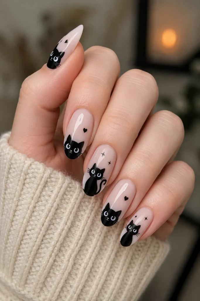Cute black cat nails with expressive eyes on neutral pastel base